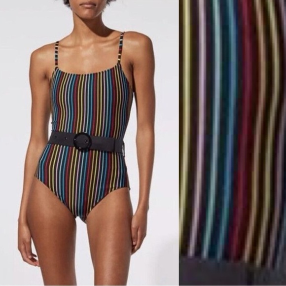 Solid & StripeThe Nina Belt Rainbow Pinstripe One Piece Swimsuit - Picture 1 of 10
